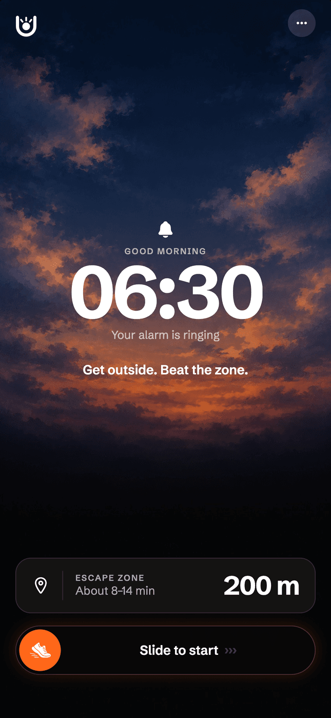 The alarm screen at 06:30: no stop button, a 200 metre escape zone, and Slide to start